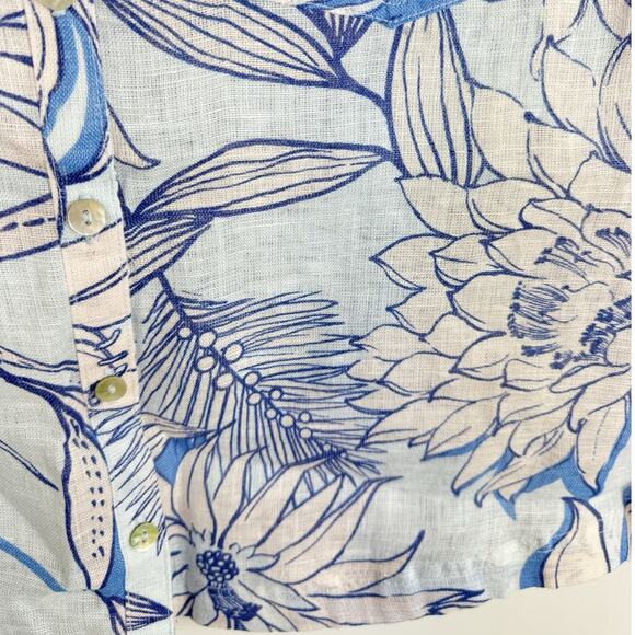 H by Halston Womens Button Down Linen Shirt Blue White Floral Medium - Picture 2 of 5